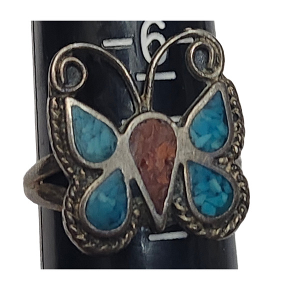 Vtg Sterling Silver Turquoise Chip Native American Hopu  Butterfly Ring Size 7 - Picture 5 of 5